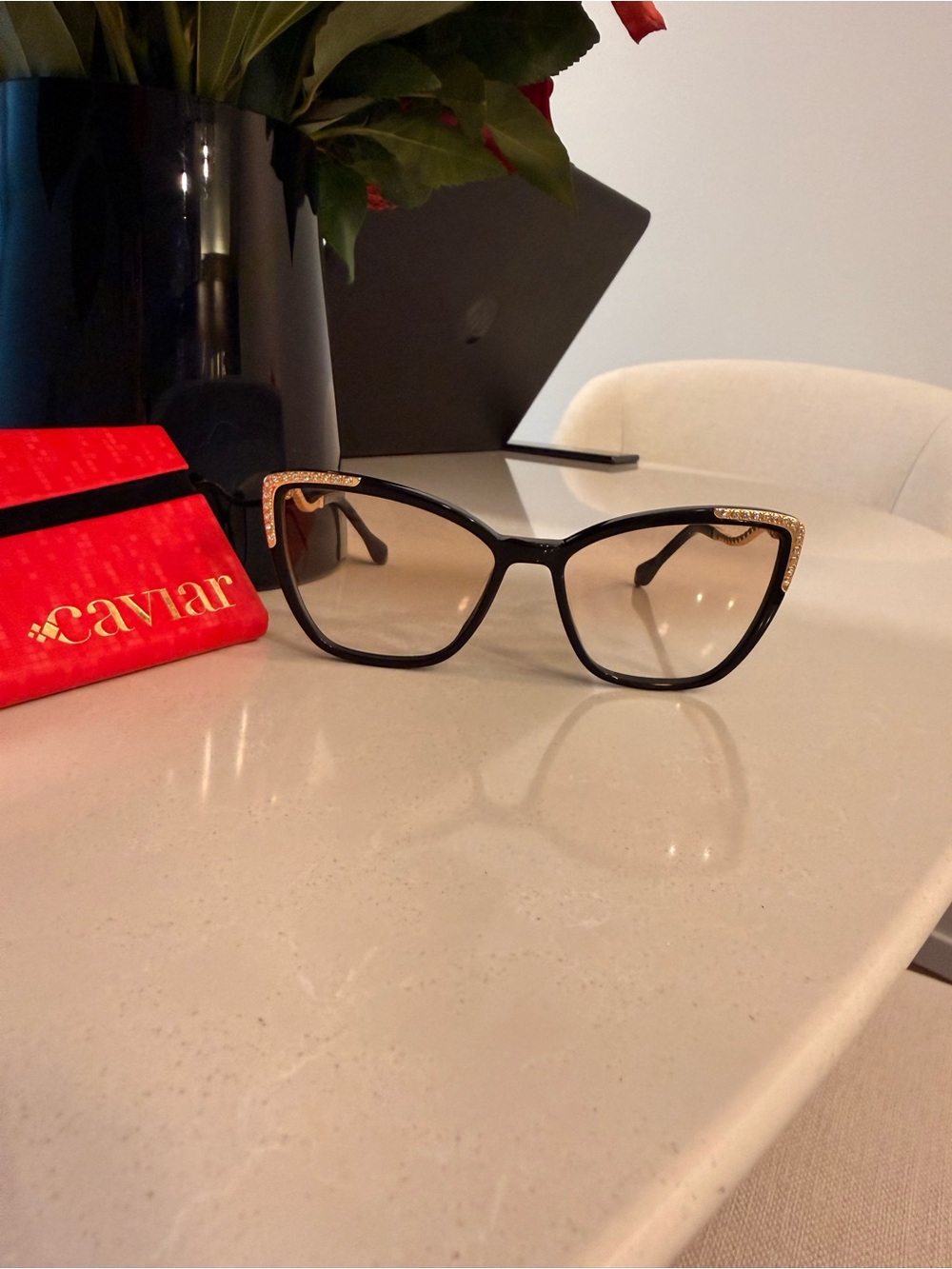Elegant Black Cat-Eye Glasses with Gold Accent Detailing